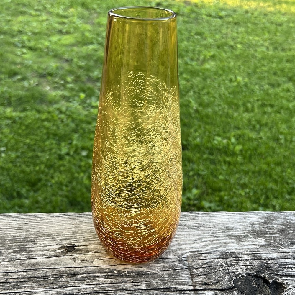 Amber Crackle Glass Tall Bud Vase Mid Century Modern Boho Art Glass Decor - Picture 2 of 9